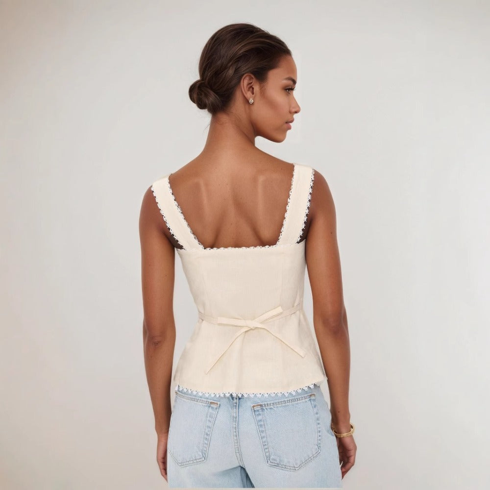 Button Down Sleeveless Top with Lace Trim for Women - Cosima