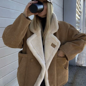 Faux Shearling Lined Suede Jacket with Pockets for Women - Capitolina