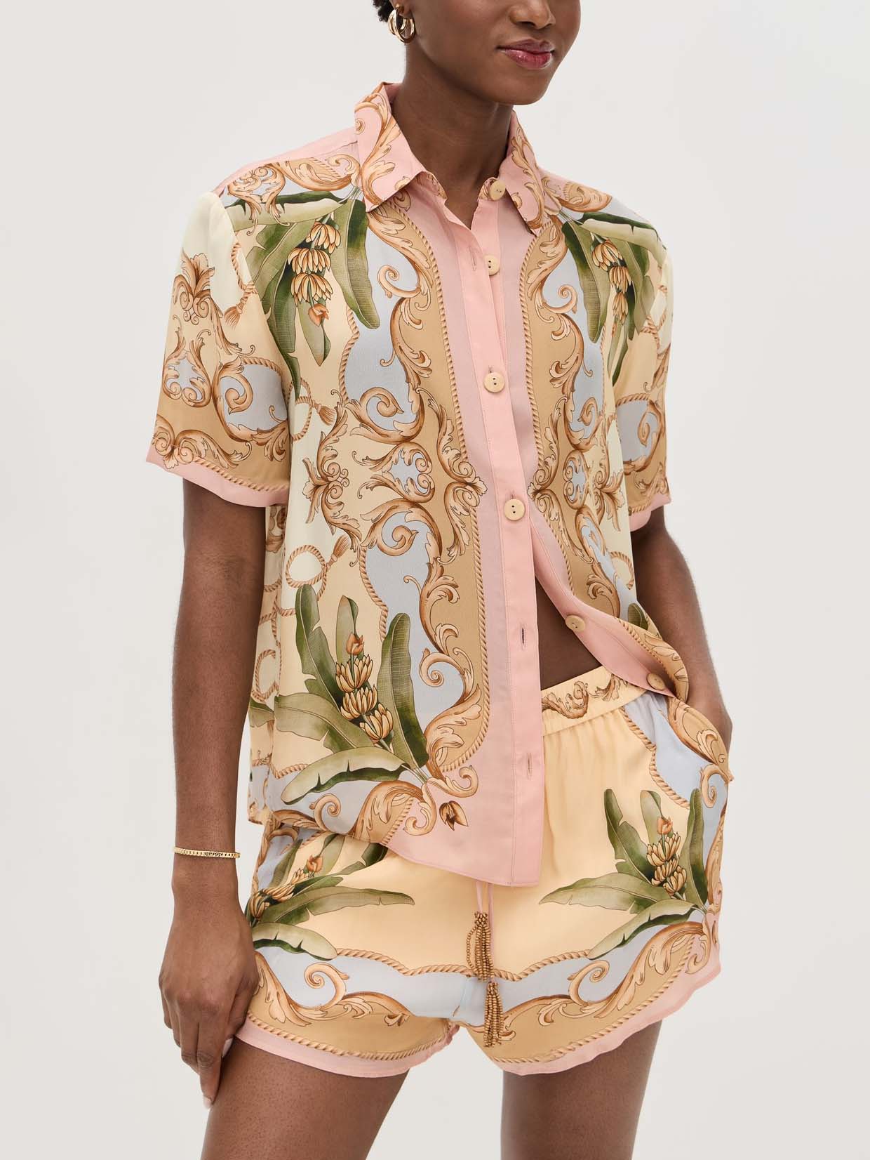 Pink and Beige Printed Short Sleeve Shirt and Shorts Set for Women - Fortunata