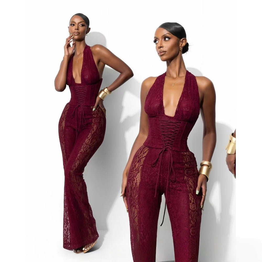 Lace Halter Jumpsuit with Wide Leg for Women - Sabrina – Natrosa