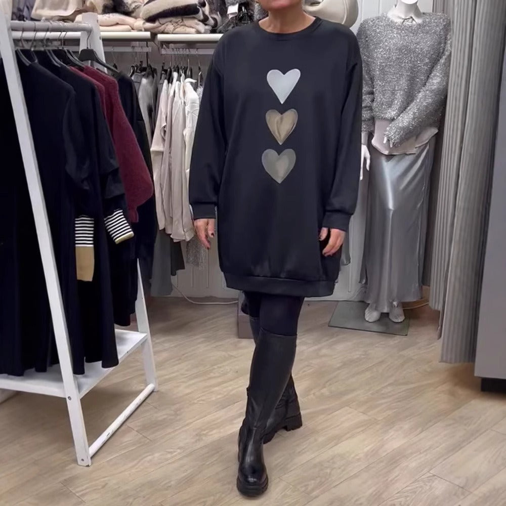 Black Long Sleeve Heart Print Sweatshirt Dress for Women - Pina
