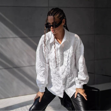 White Textured Button Up Shirt with Long Sleeves for Women - Noemi