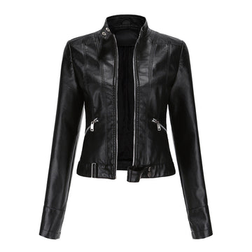 Women's Stand Collar Leather Jacket | Zip