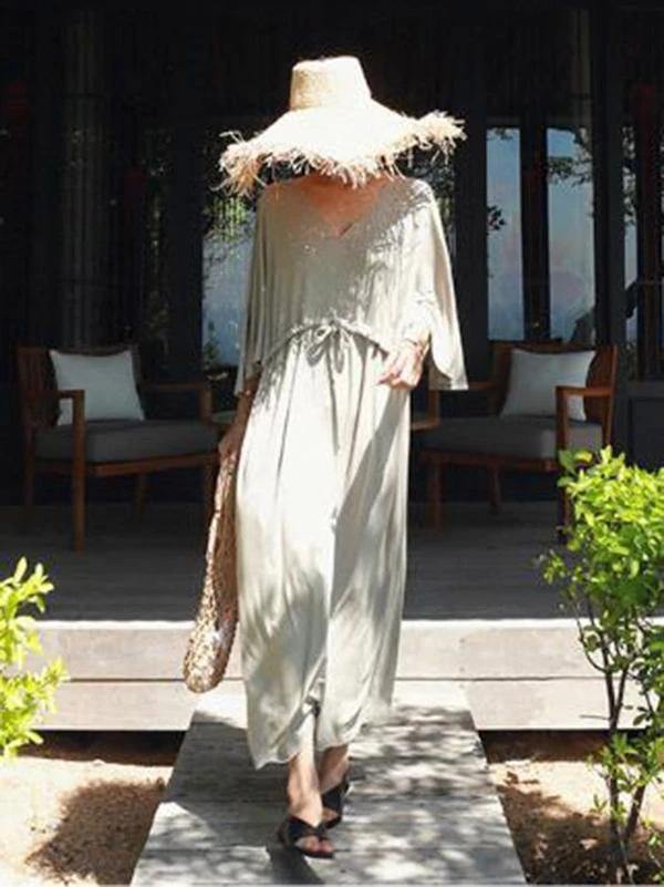 Boho Gray Cotton Tunic Dress with V-Neck Drawstring Detail - Mia