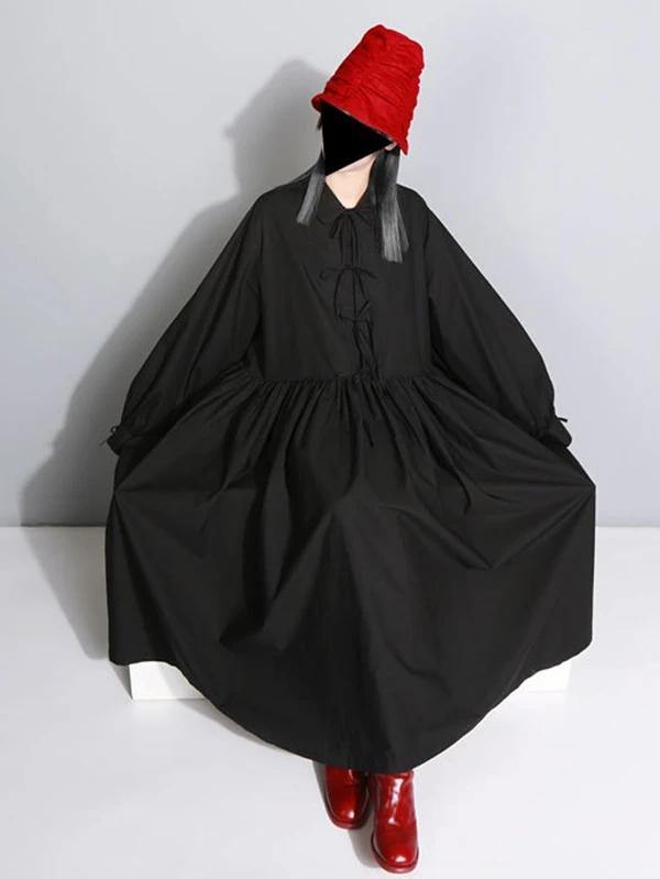 Boho Lapel Cinched Waist Black Linen Dress - Harper