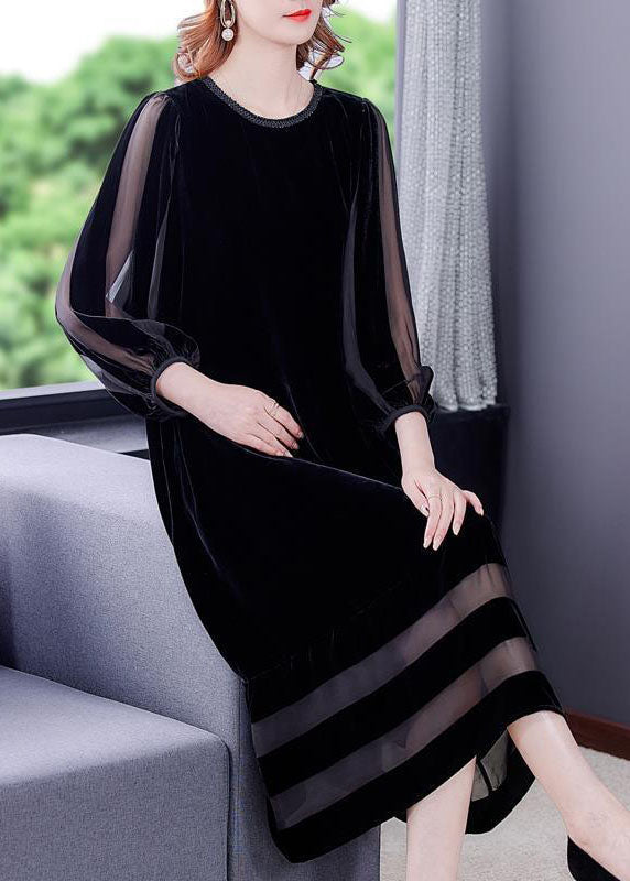 Boho Chic Black Oversized Patchwork Silk Velour Maxi Dress -Harper