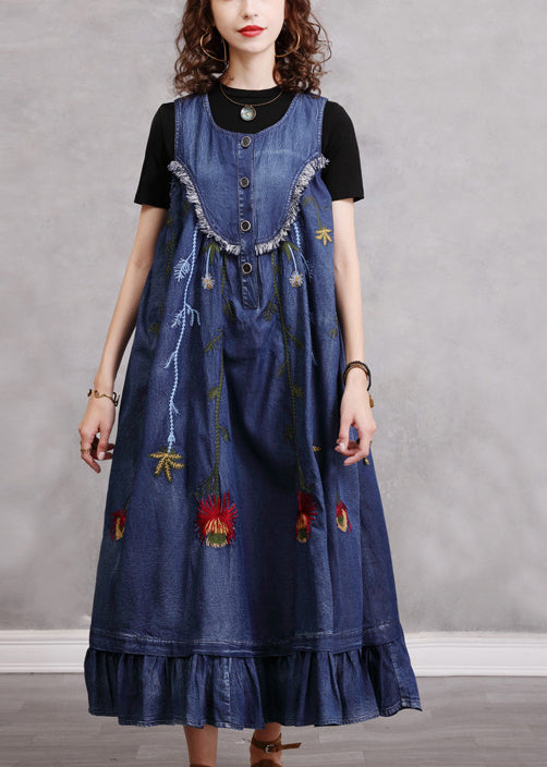 Bohemian Blue Embroidered Patchwork Denim Dress - Lily