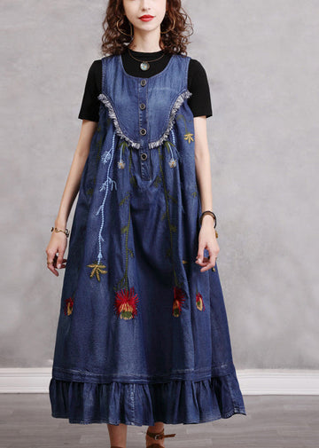 Bohemian Blue Embroidered Patchwork Denim Dress - Lily