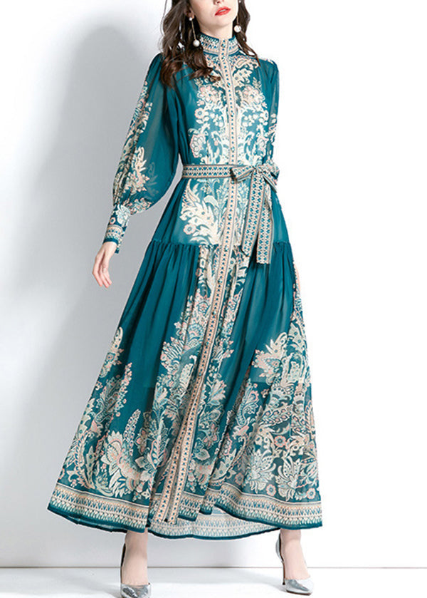 Elegant Boho Print Chiffon Dress with Stand Collar Tie Waist - Zoe