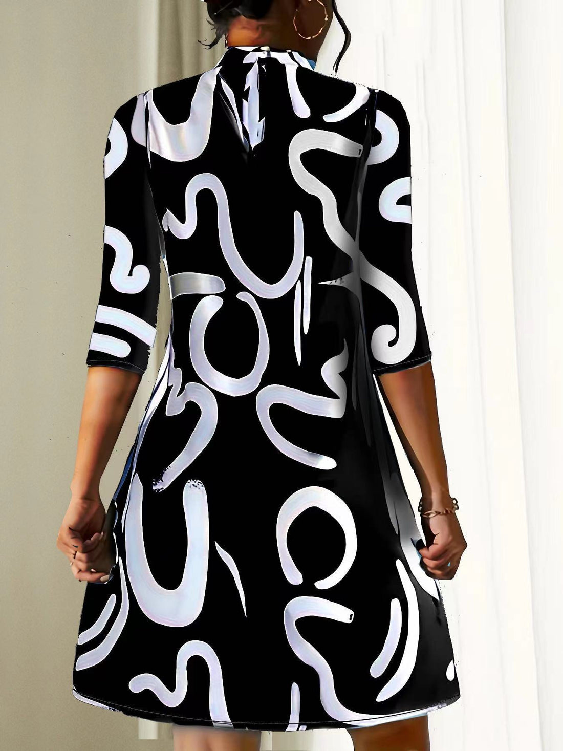 Women's Casual Loose-Fitting Stand Collar Dress | 3/4 Sleeves
