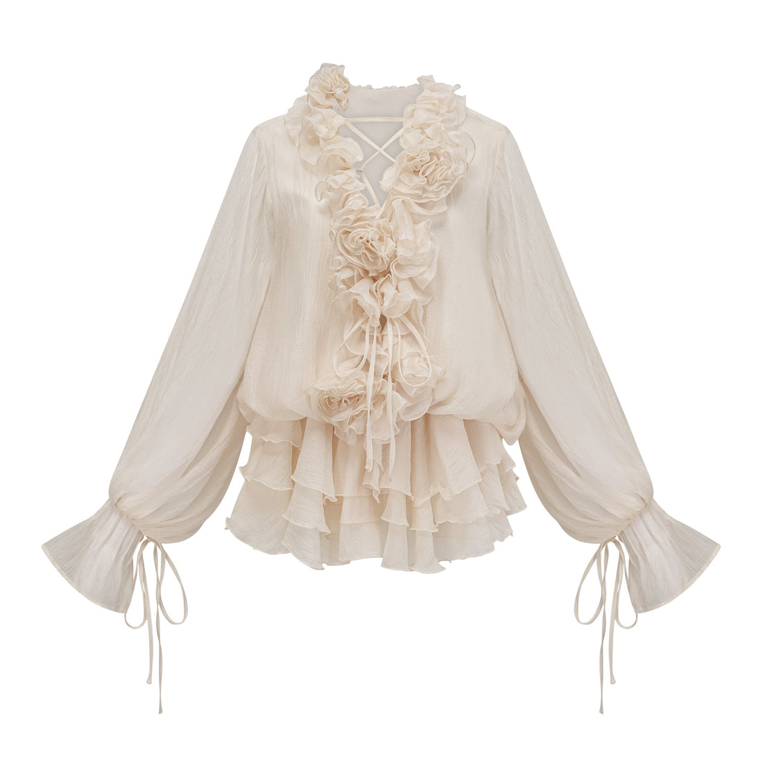 Cream Ruffled Mini Dress with Floral Detailing for Women - Sonia