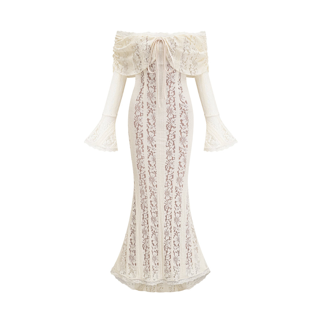 Ivory White Lace Maxi Dress with Off Shoulder Sleeves for Women - Lucrezia