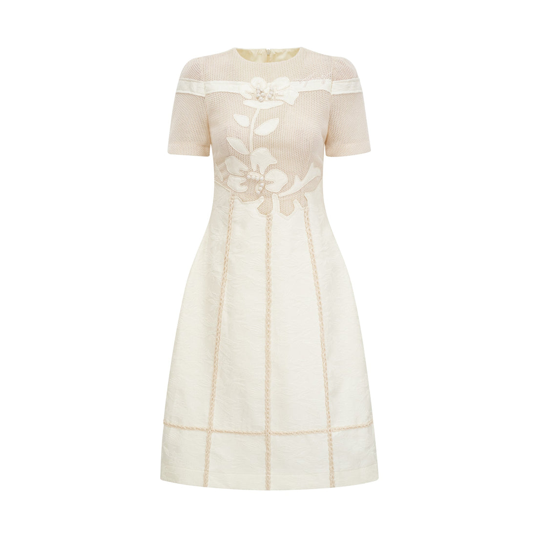 Ivory Mesh Panel Midi Dress with Floral Embroidery for Women - Liliana