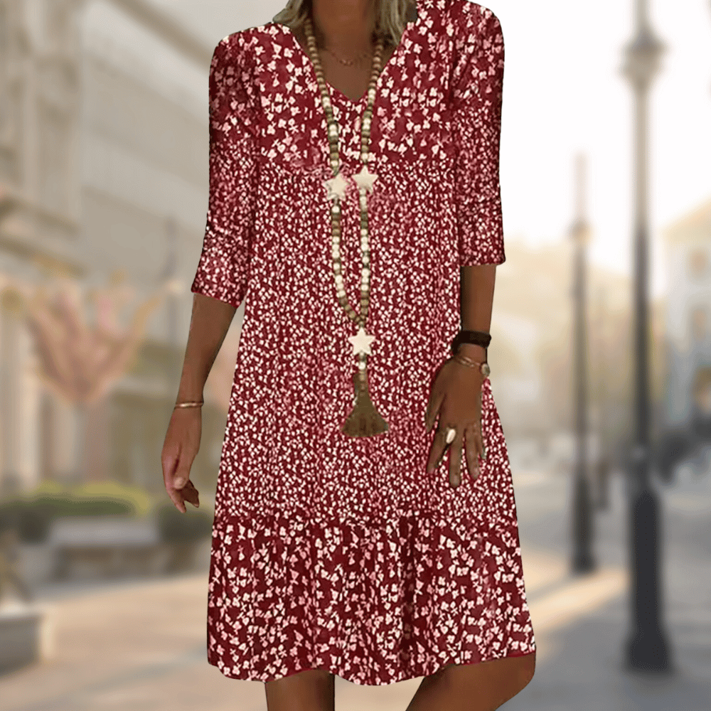 Women's Floral Pattern Boho Midi Dress | 3/4 Sleeves