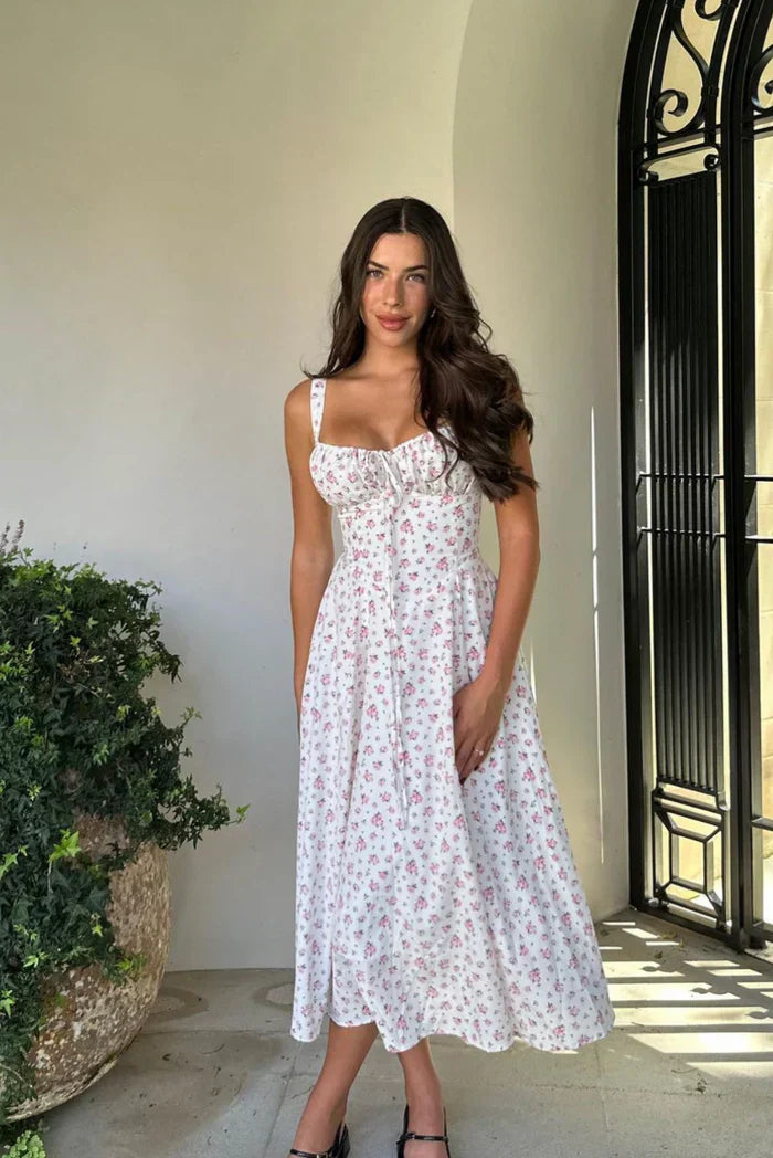 White Floral Print Midi Dress with Ruched Bust for Women - Laura