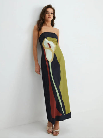 Navy Floral Print Strapless Maxi Dress for Women - Silvia