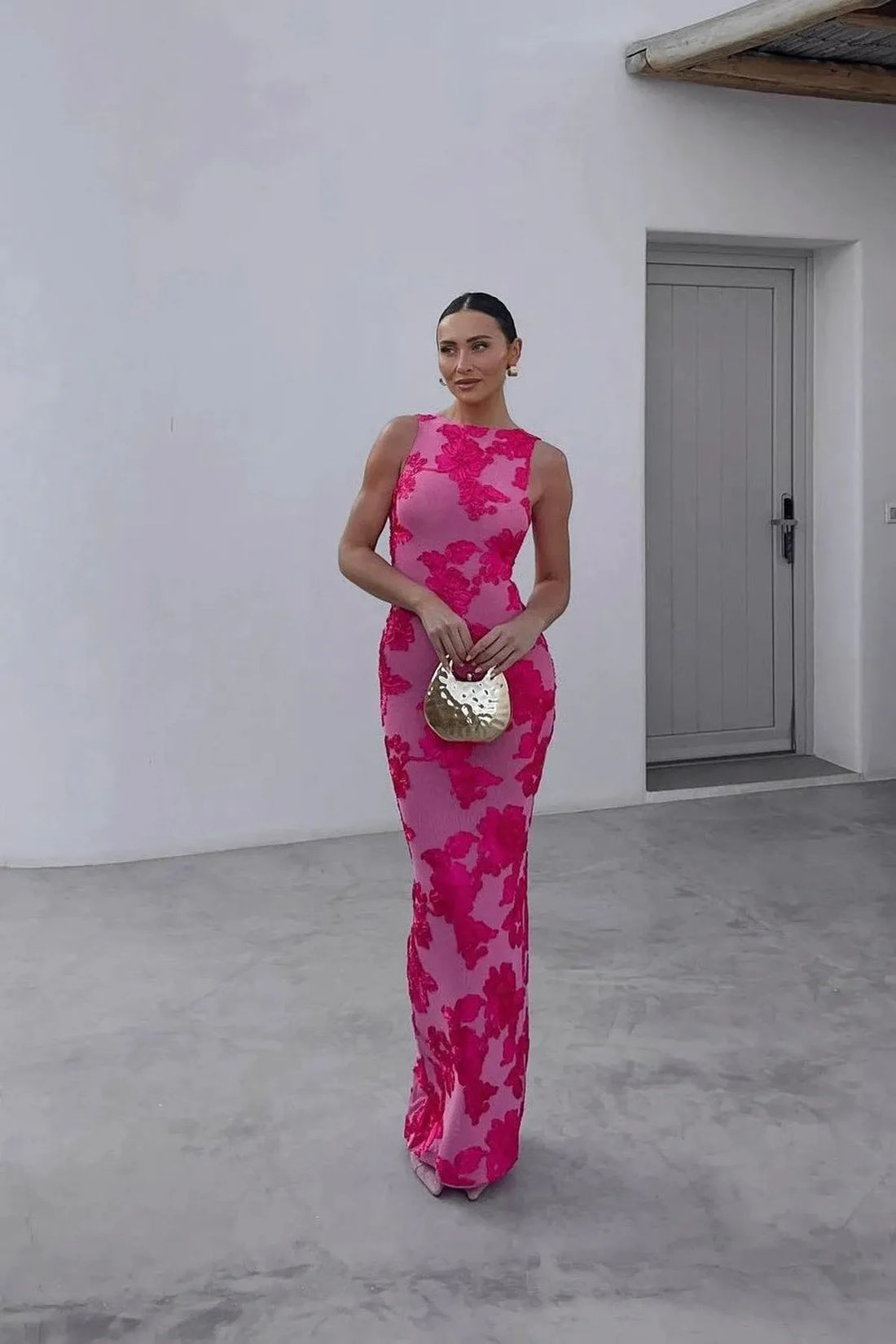 Pink Floral Embroidered Dress | Maxi