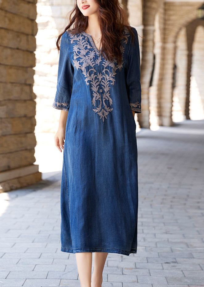 Blue V-Neck Embroidered Silk-Cotton Denim Long Sleeve Dress – Clara