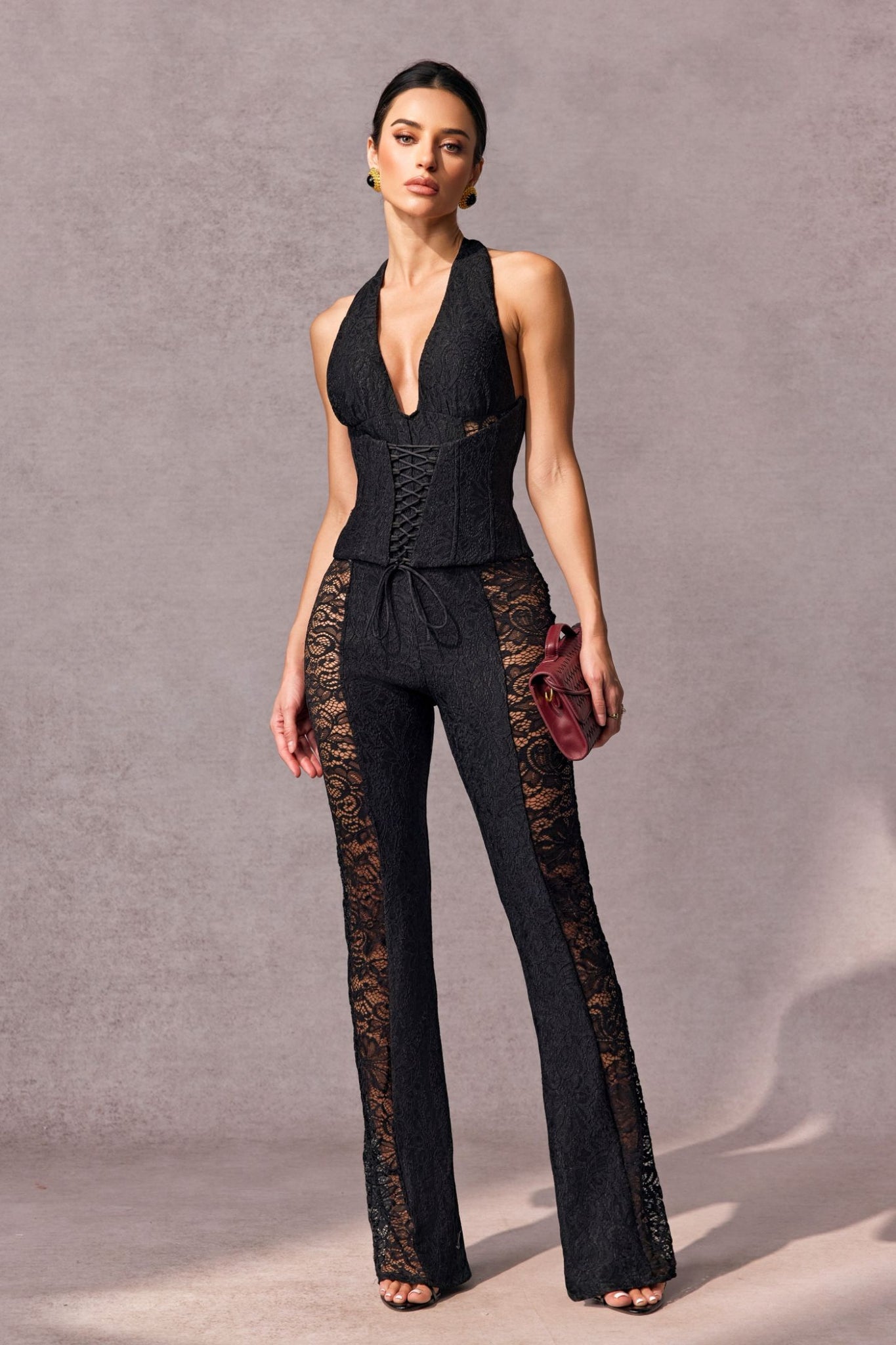 Black Lace Bodysuit with Flared Pants for Women - Milena
