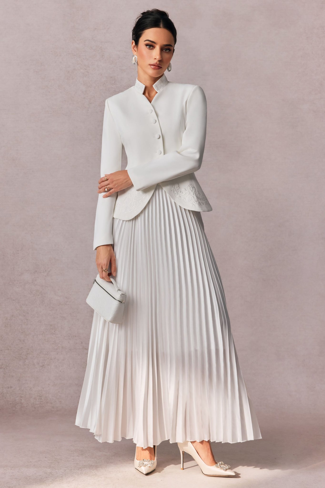 White Pleated Maxi Skirt with Buttoned Blazer for Women - Nina