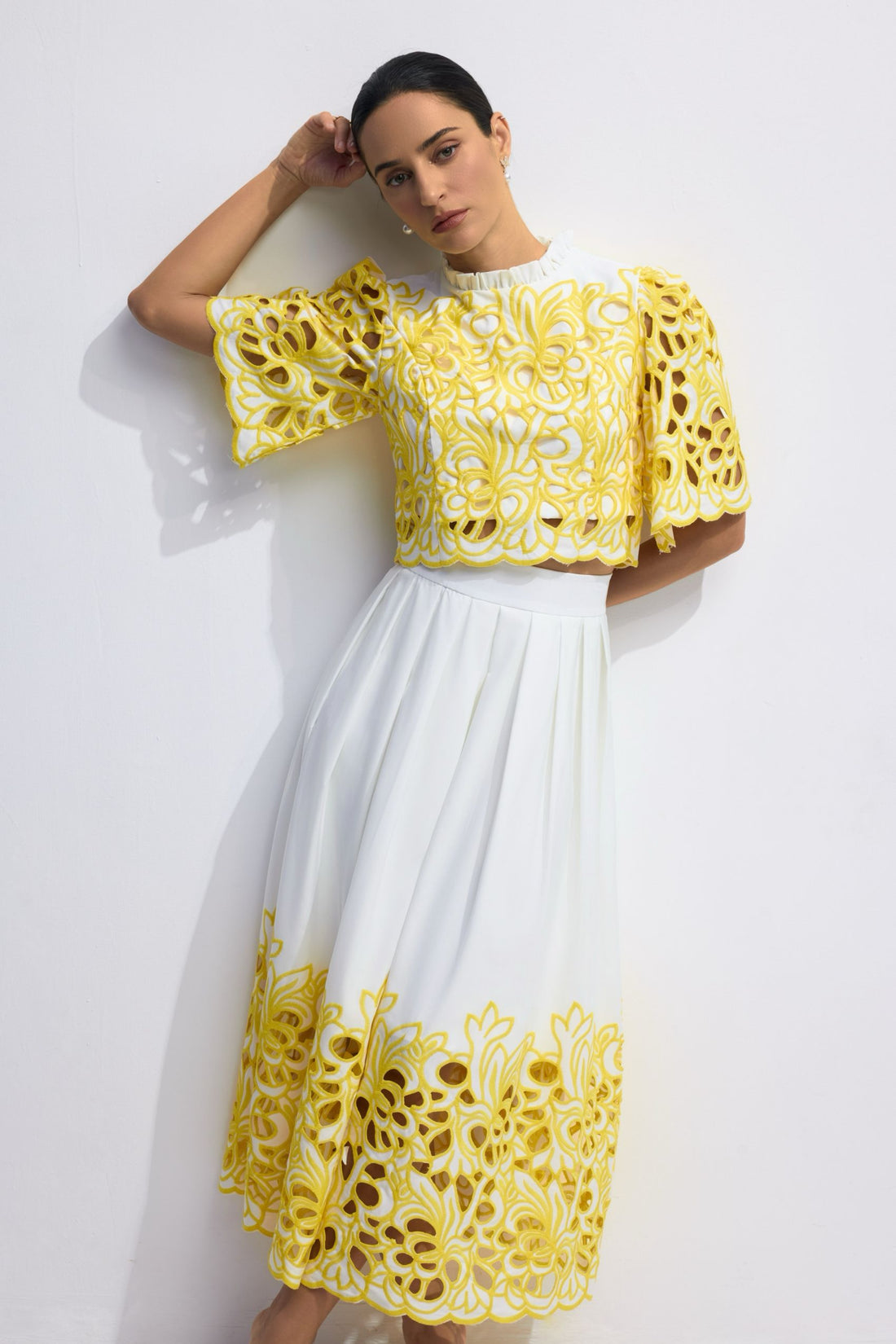 Yellow and White Floral Embroidered Midi Dress for Women - Bruna