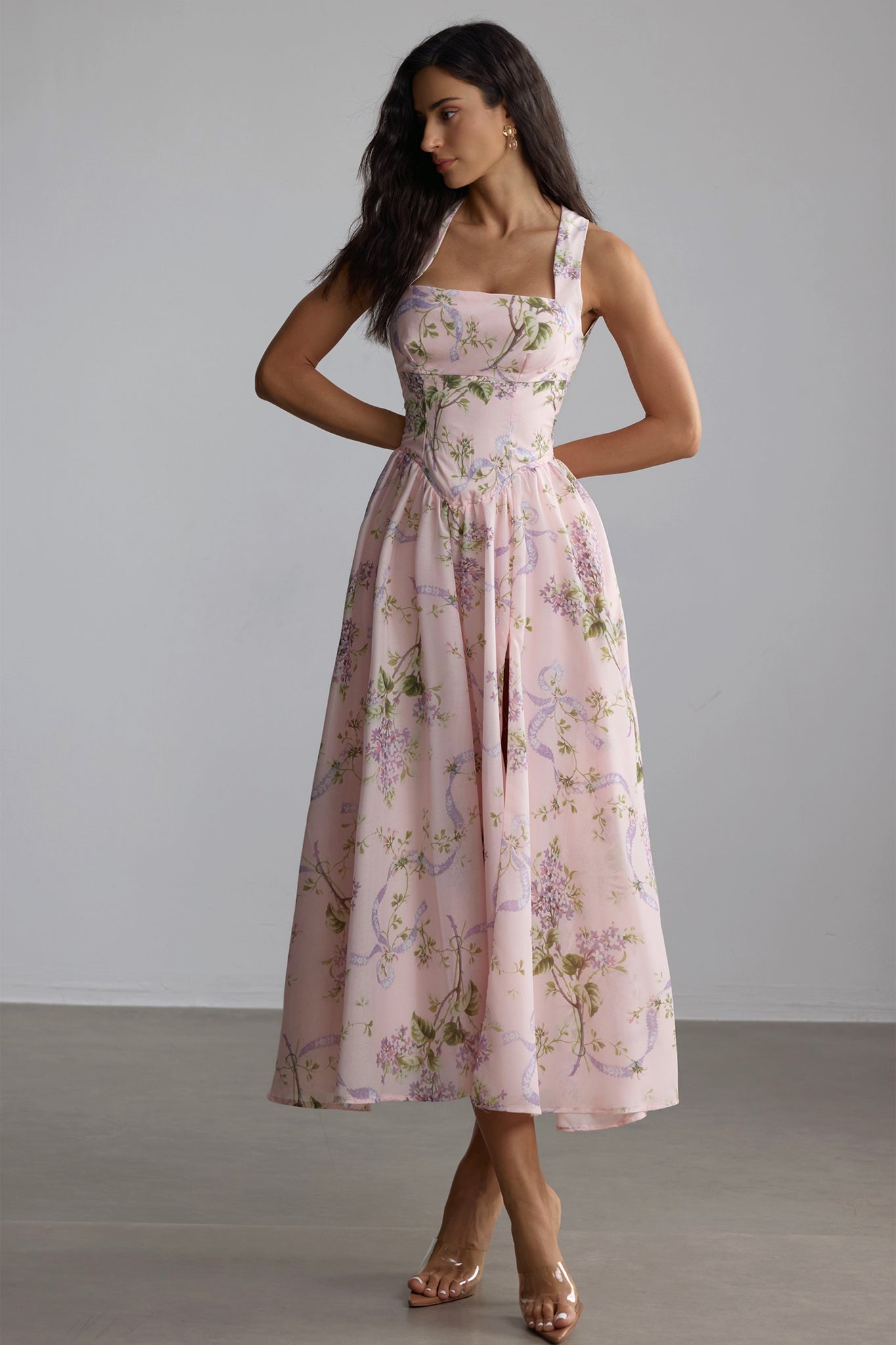 Pink Floral Print Maxi Dress with Square Neck for Women - Rossana