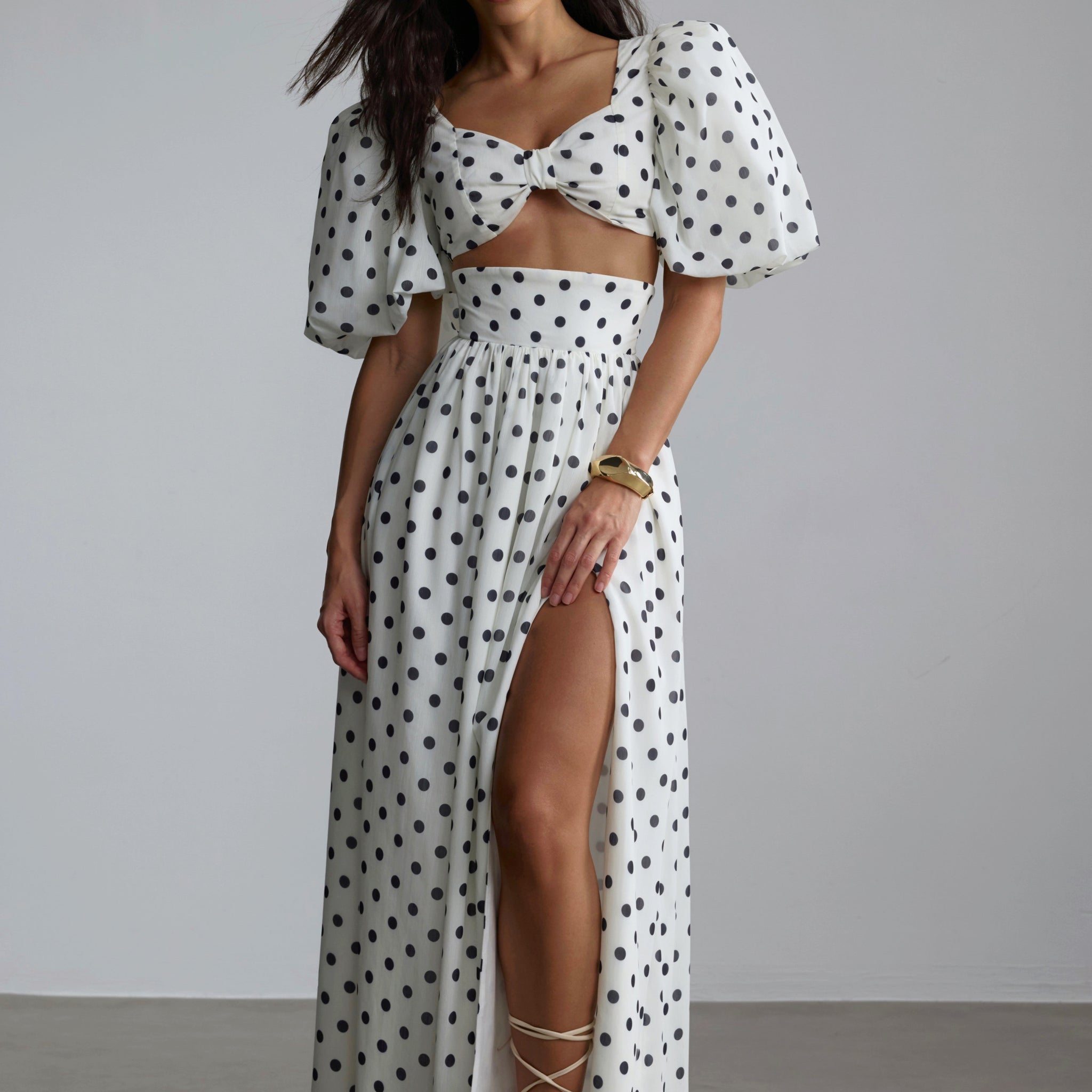 White Polka Dot Maxi Dress with Side Slit for Women - Lelia
