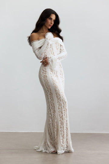 White Lace Off-Shoulder Maxi Dress for Women - Piera