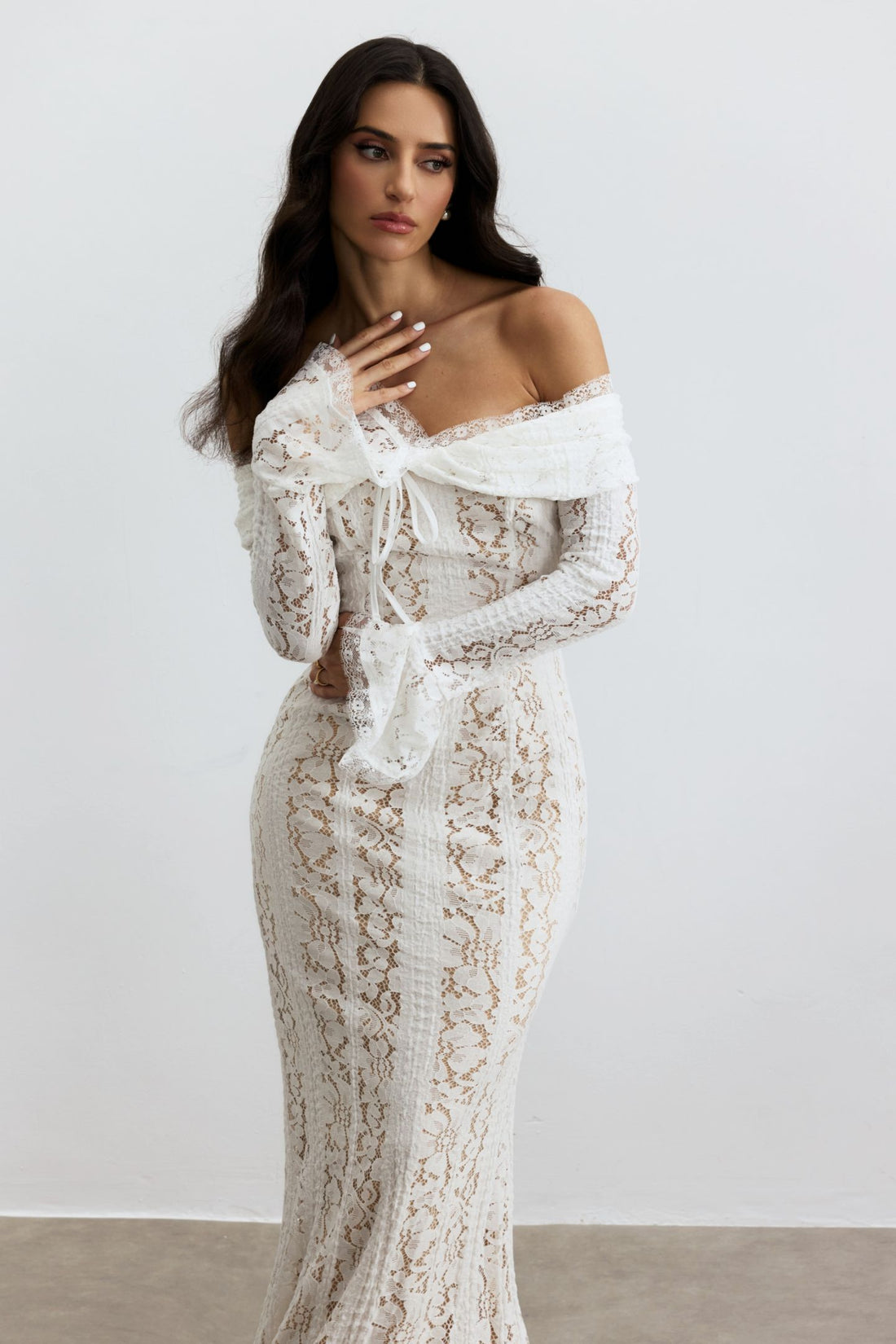 White Lace Off-Shoulder Maxi Dress for Women - Piera