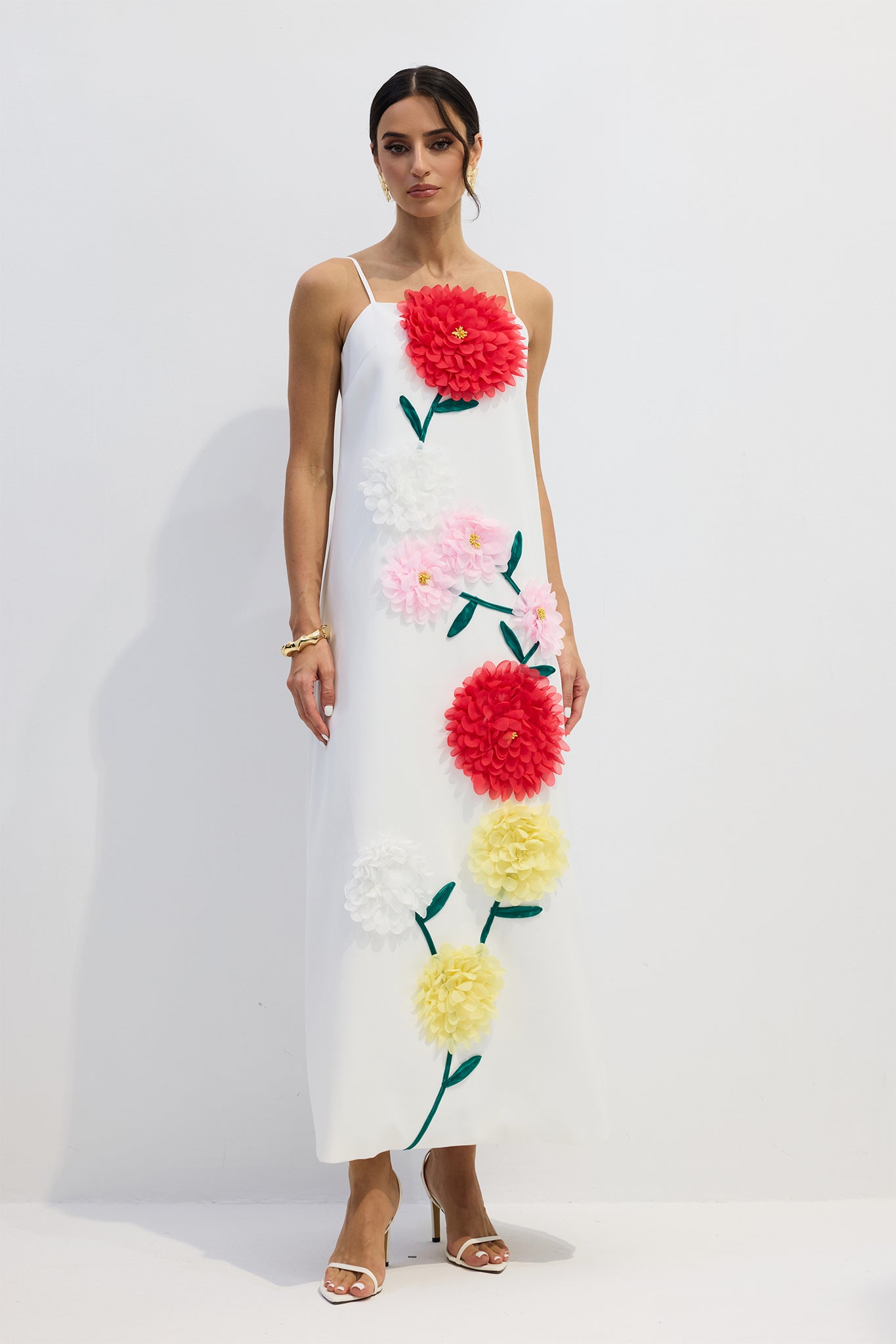 White Floral Embroidered Midi Dress for Women - Fernanda