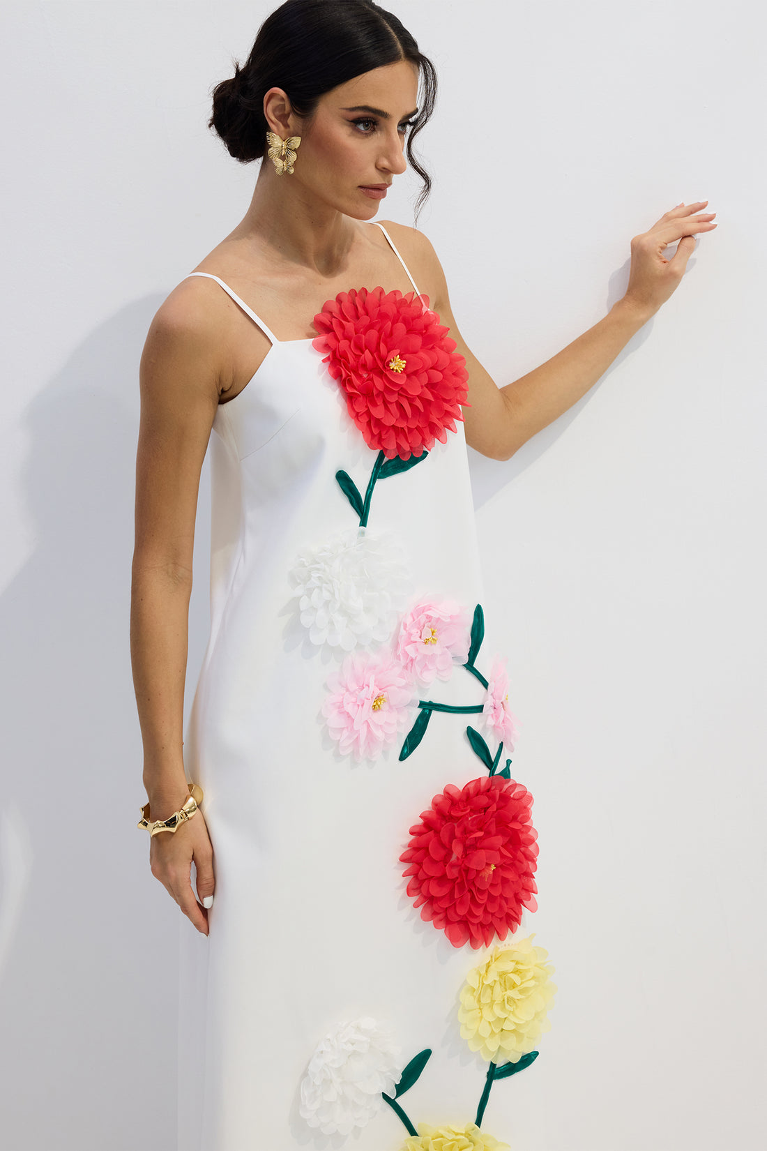 White Floral Embroidered Midi Dress for Women - Fernanda