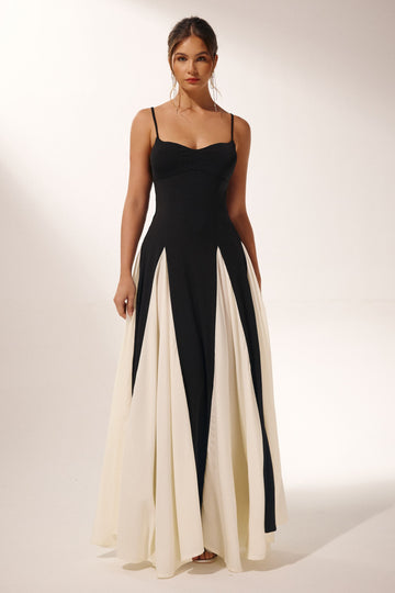 Black and White Maxi Dress with Spaghetti Straps for Women - Alina