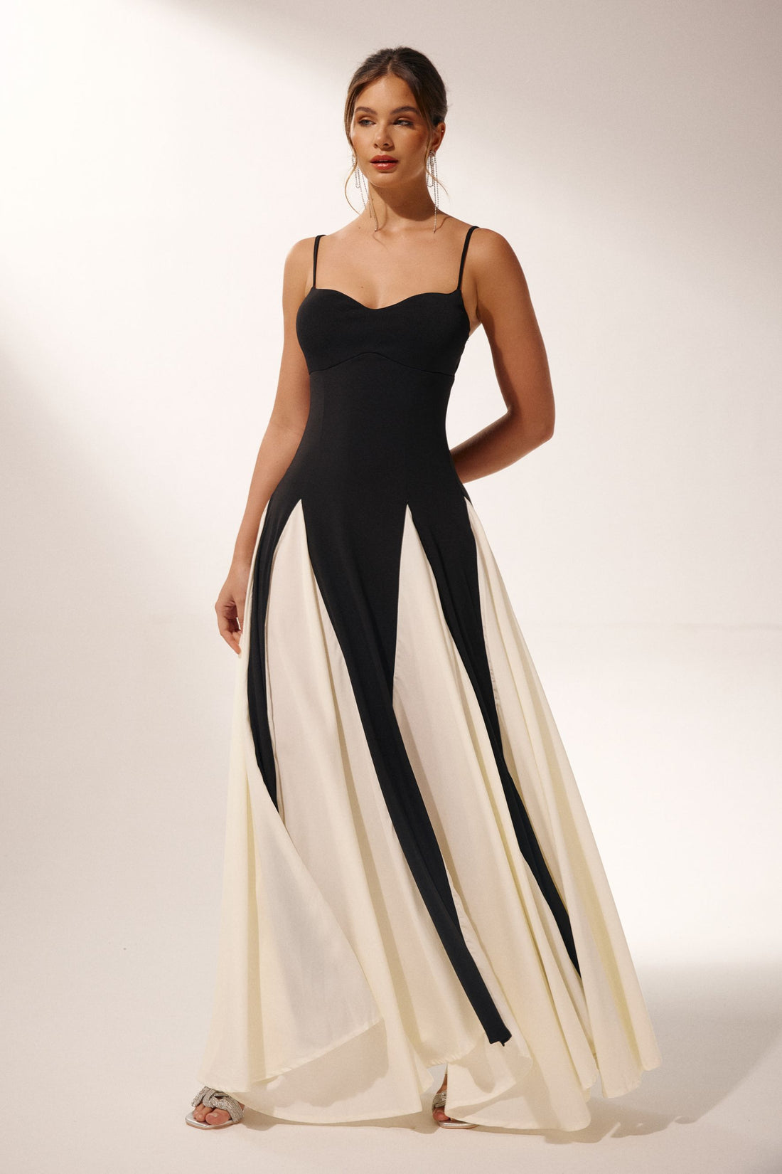 Black and White Maxi Dress with Spaghetti Straps for Women - Alina