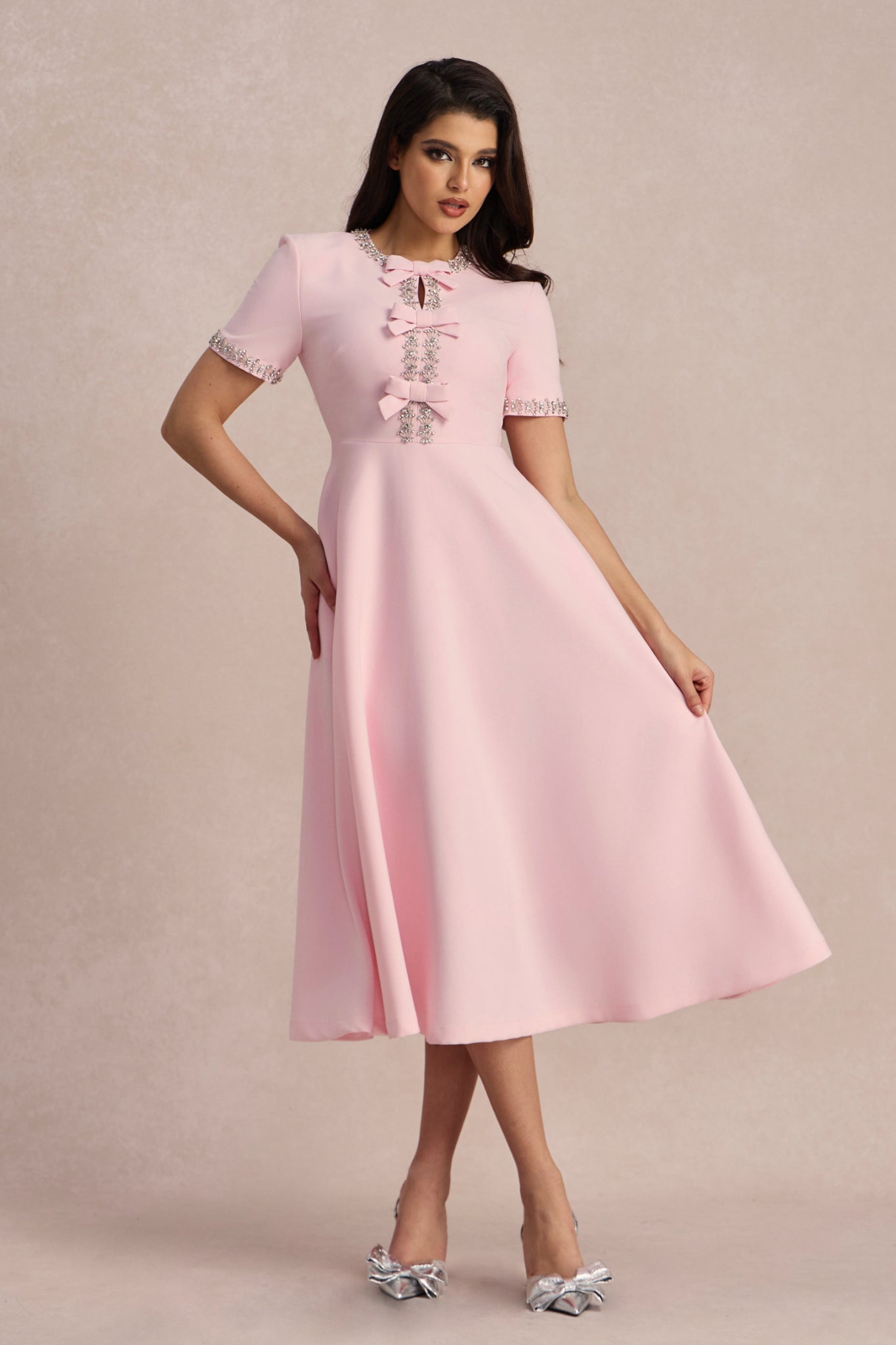 Pink A-line Dress with Bow Detail for Women - Raffaella