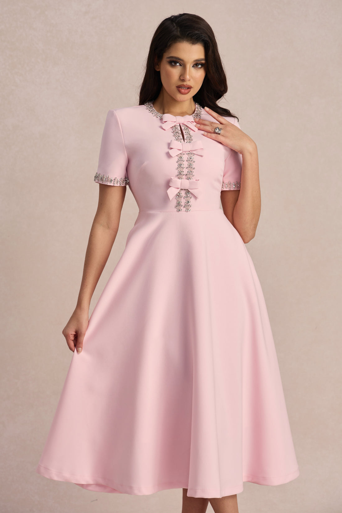 Pink A-line Dress with Bow Detail for Women - Raffaella