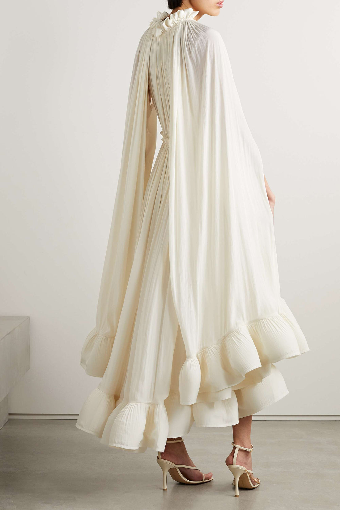 Cream Ruffle Hem Midi Dress with Long Cape Sleeves for Women - Romina