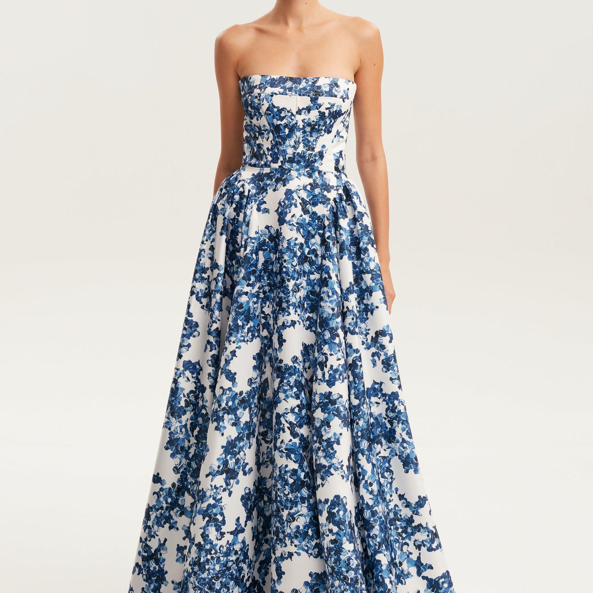 Blue White Floral Strapless Maxi Dress with Pockets for Women - Stefania