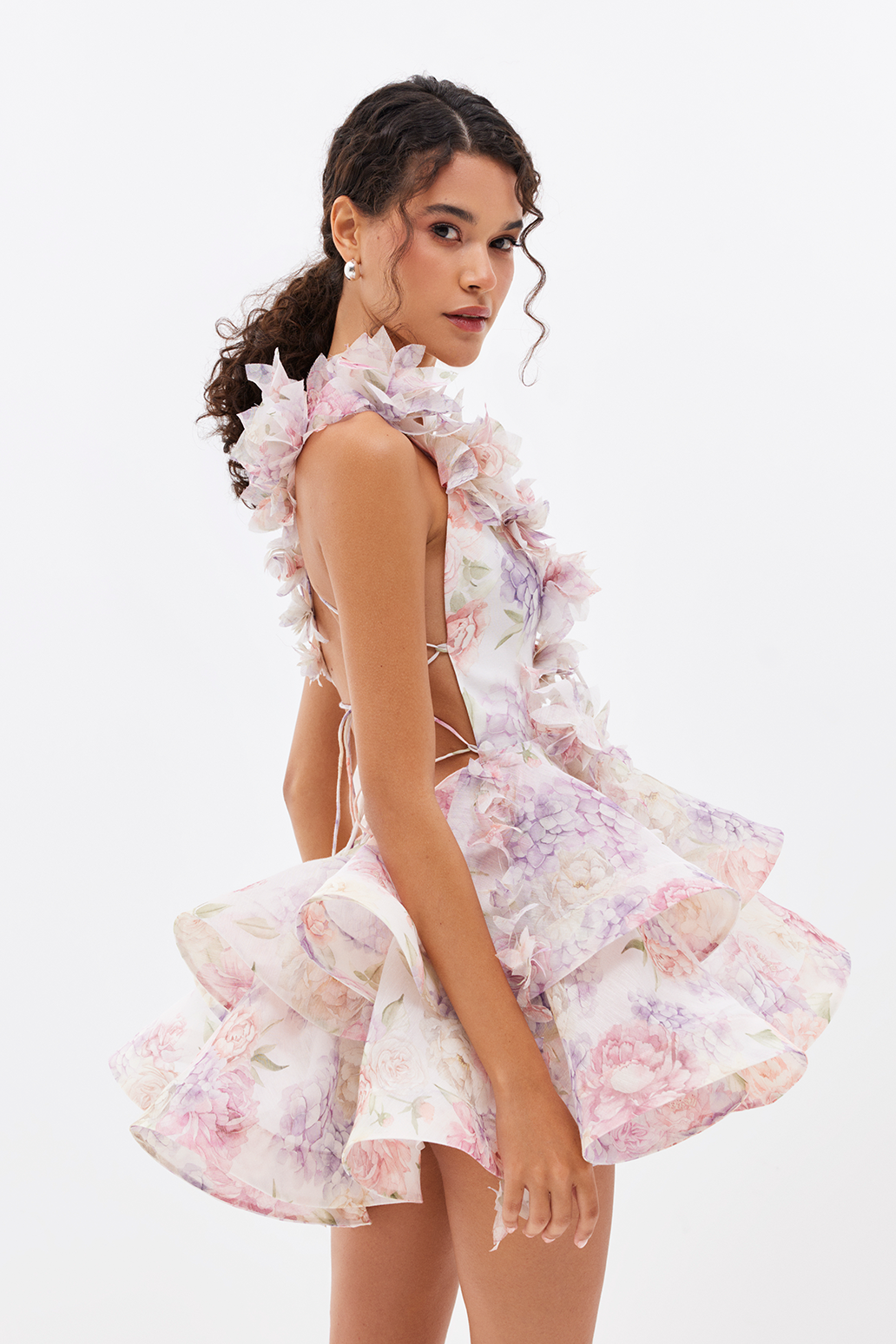 Pastel Floral Ruffle Mini Dress with V-Neck for Women - Margherita
