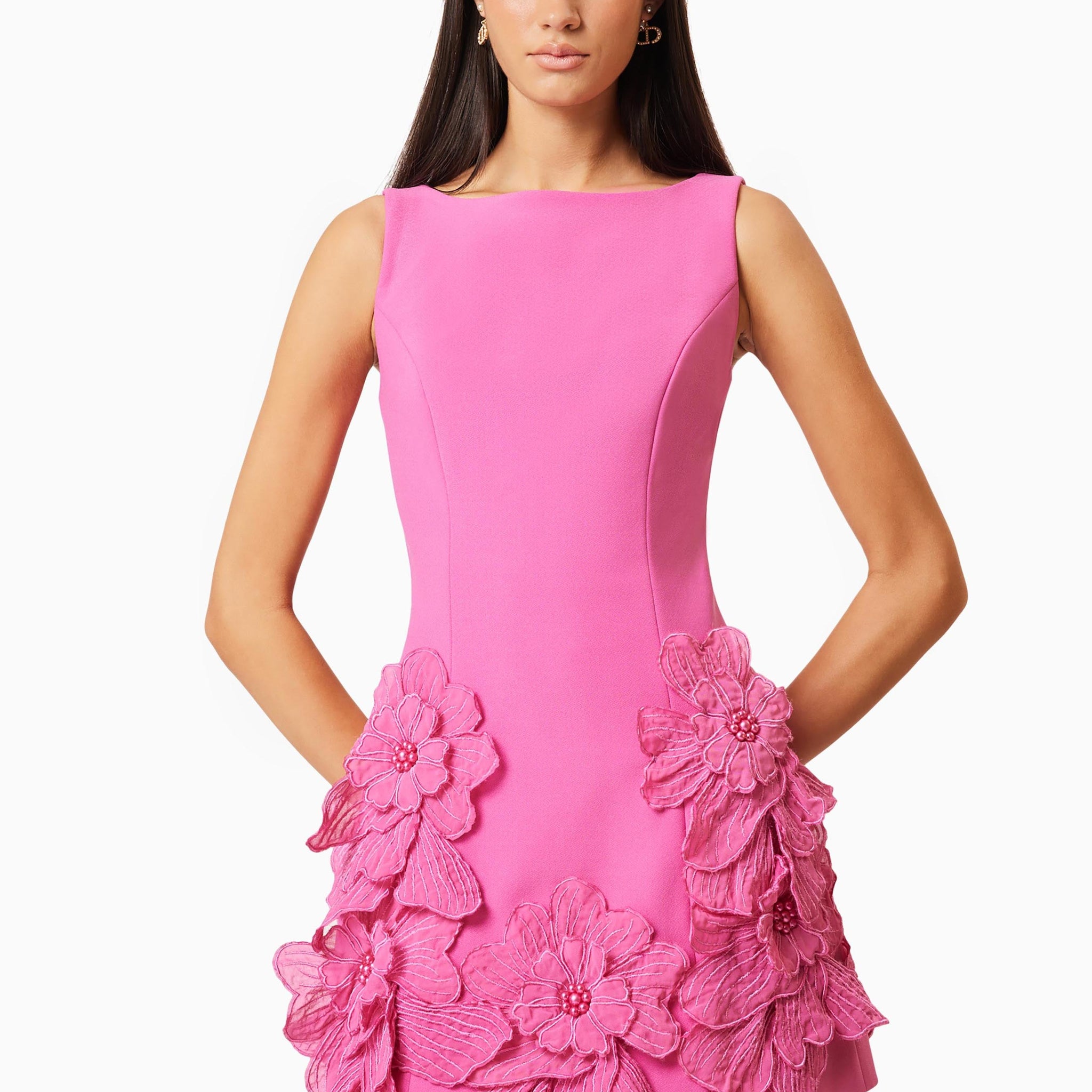 Hot Pink Mini Dress with 3D Floral Appliqué for Women - Clara
