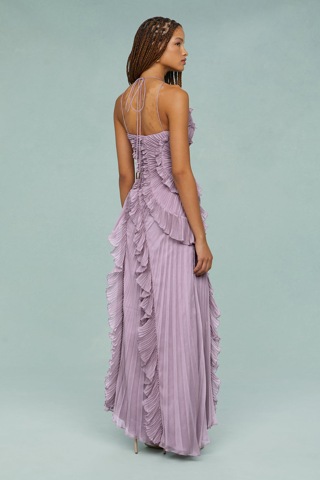 Lilac Pleated Halter Neck Maxi Dress with Ruffle Trim for Women - Beatrice