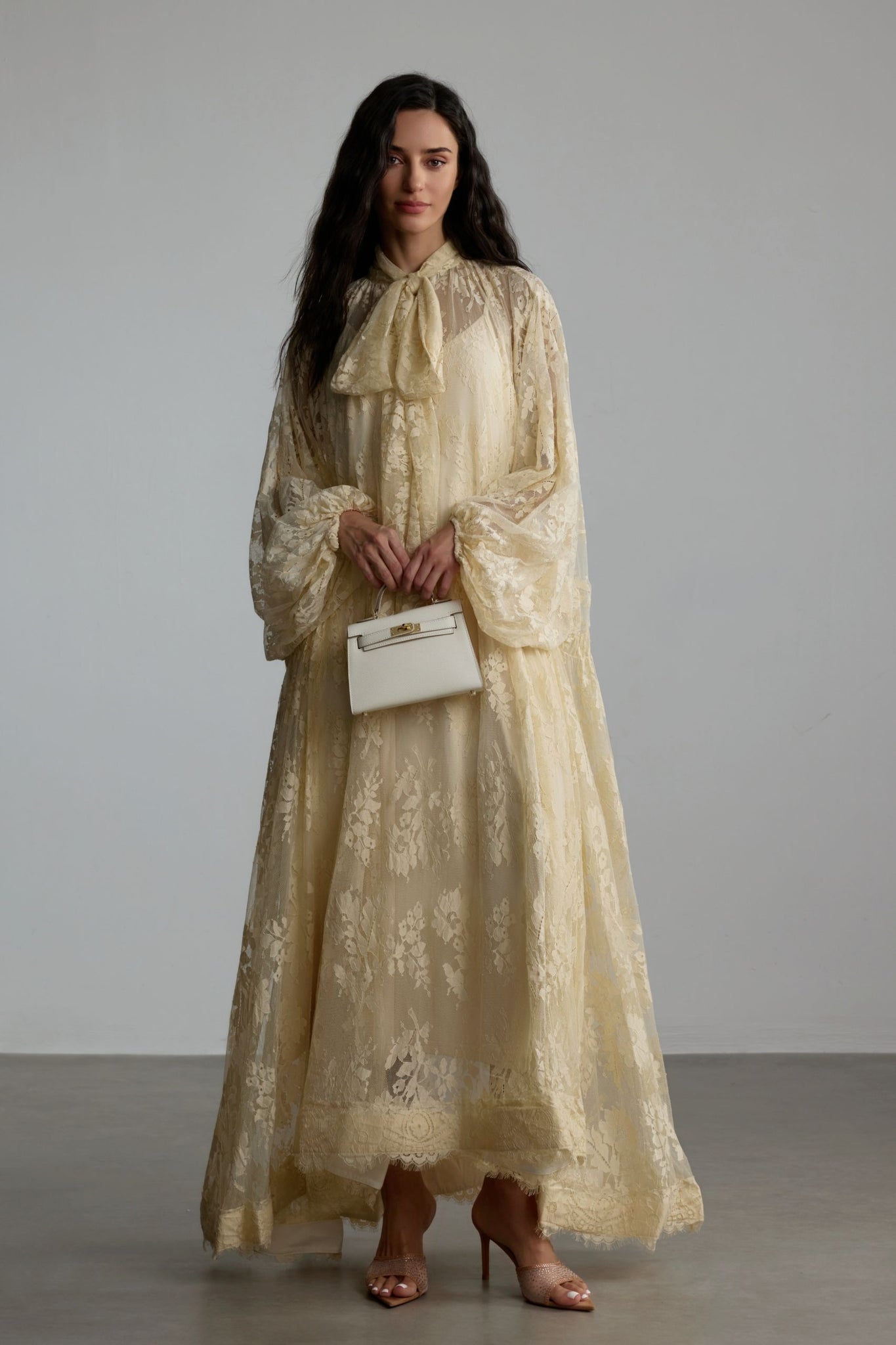 Cream Lace Maxi Dress with Bow Detail for Women - Clelia