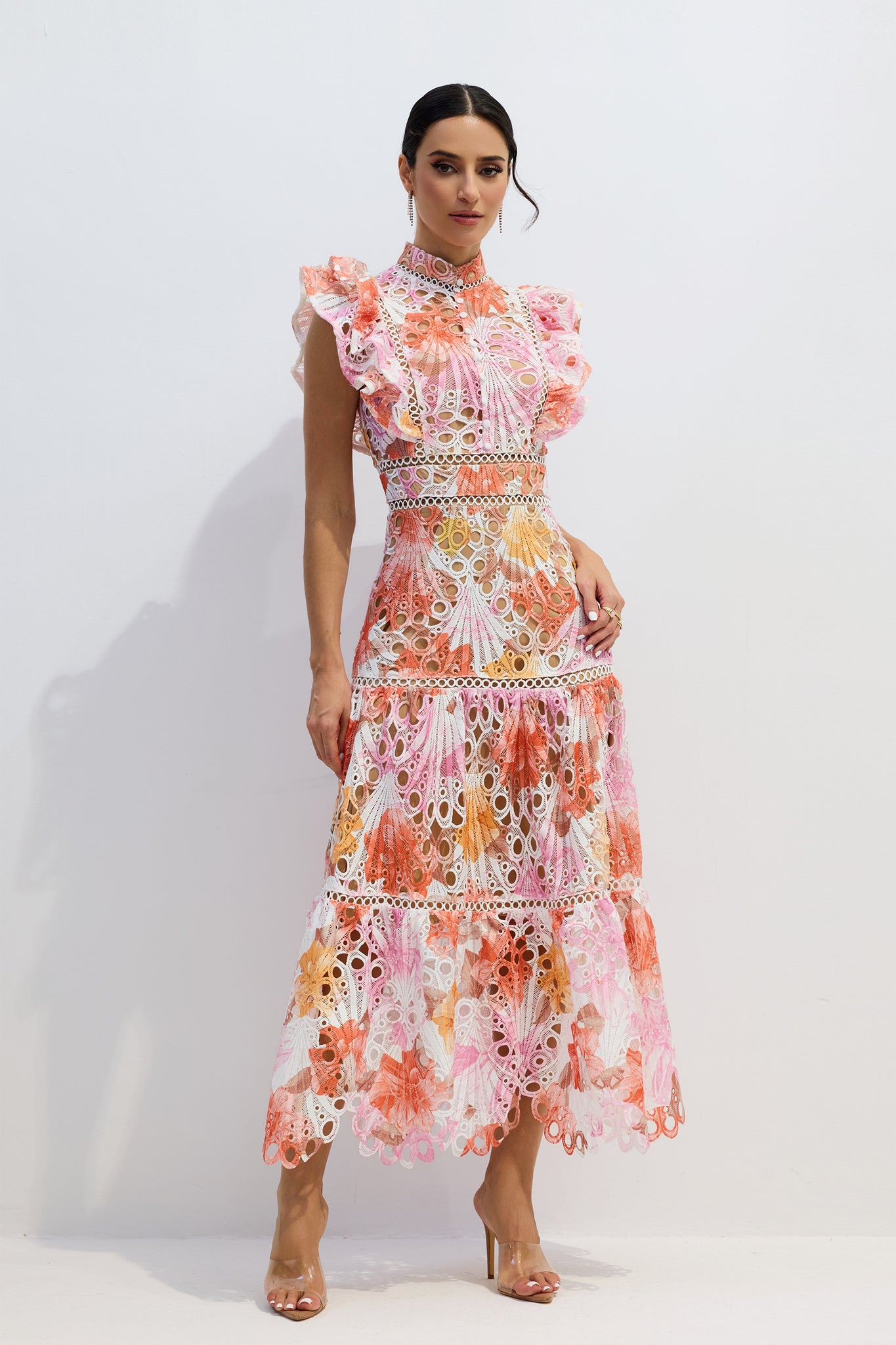 Pink and Orange Floral Lace Midi Dress for Women - Marisa