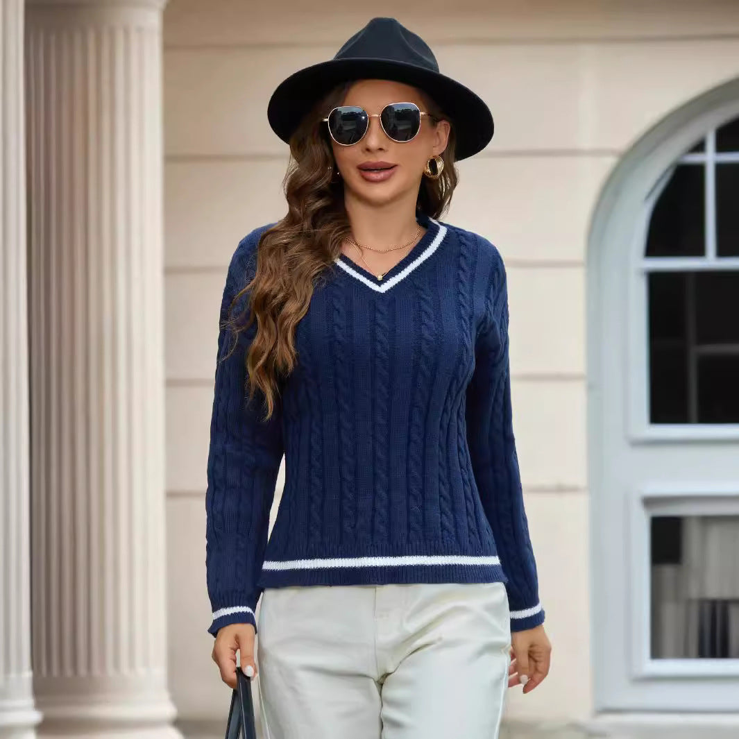 Spring Autumn Elegant V Neck Pullover White Edge Long Sleeve Sweater Women Twist Thread Knitted Top