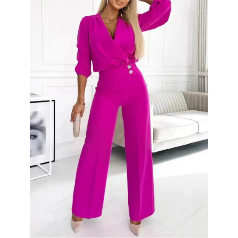 Women's Two Buttons Jumpsuit | V-Neck