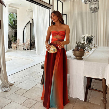 Orange Gradient Maxi Dress with Strapless Cutout Bodice for Women - Daniela