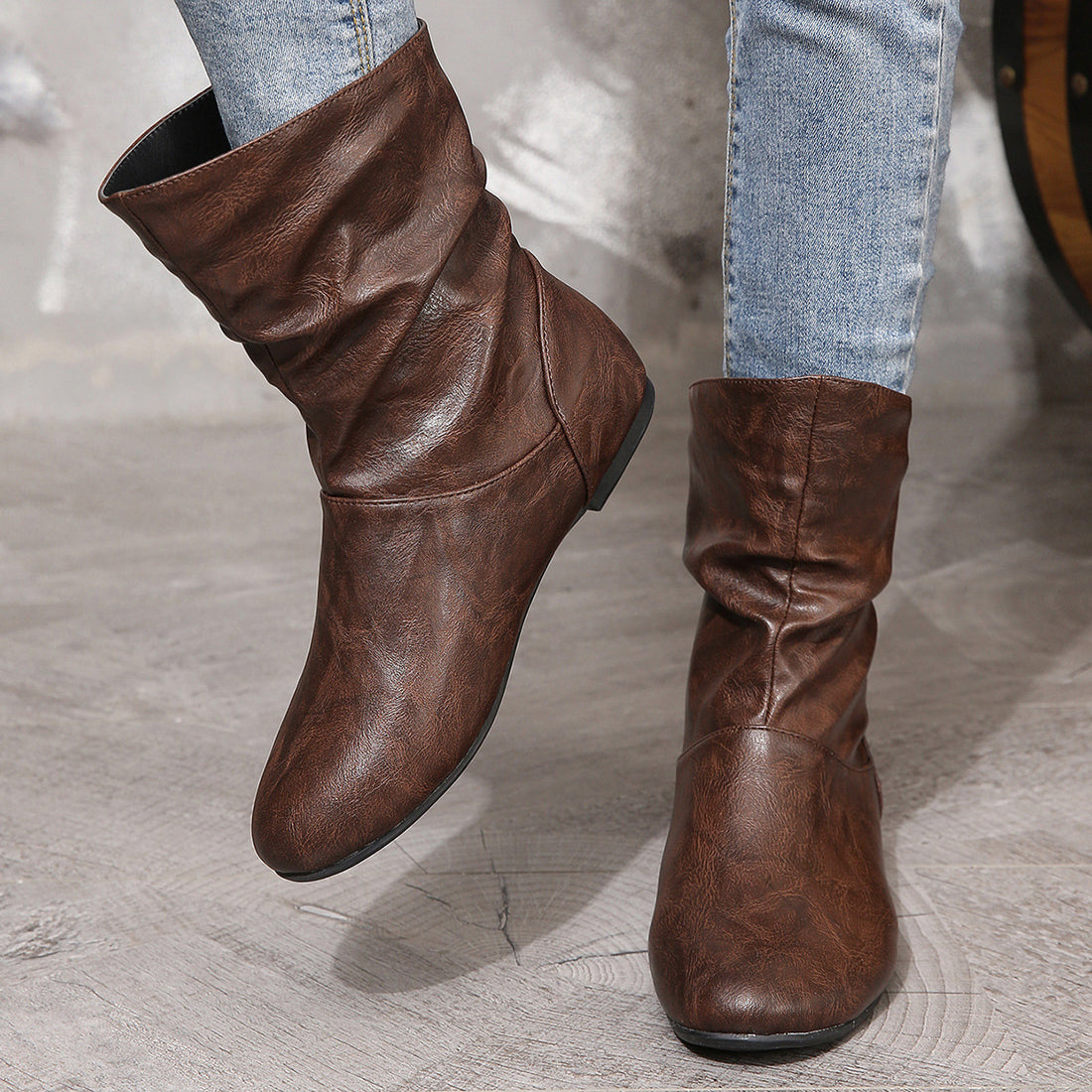 Women Boots Round Toe Low Heel Low Top Sleeve Faux Leather Women Leather Boots All Match Simple Slip On Women Ankle Boots