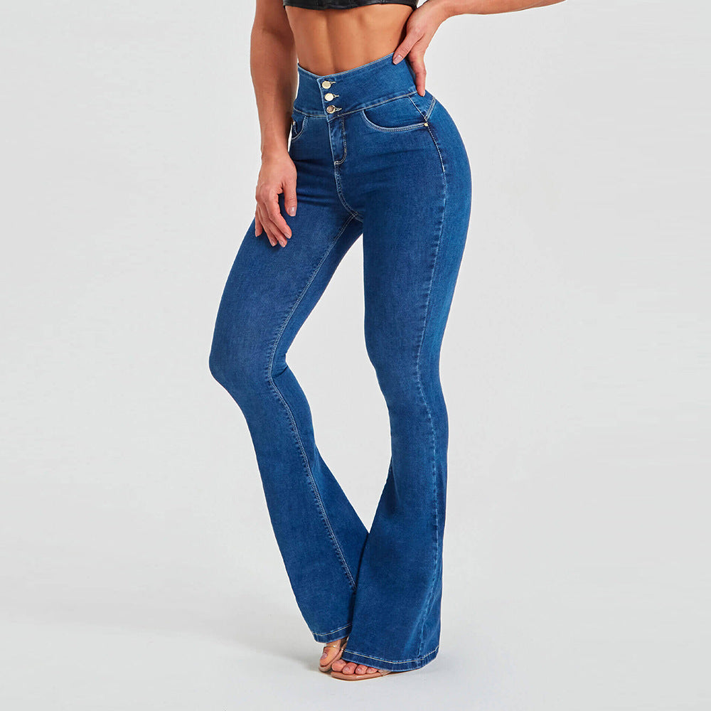 High Waist Slim Stretch Shaping Bell Bottom Pants Women Jeans