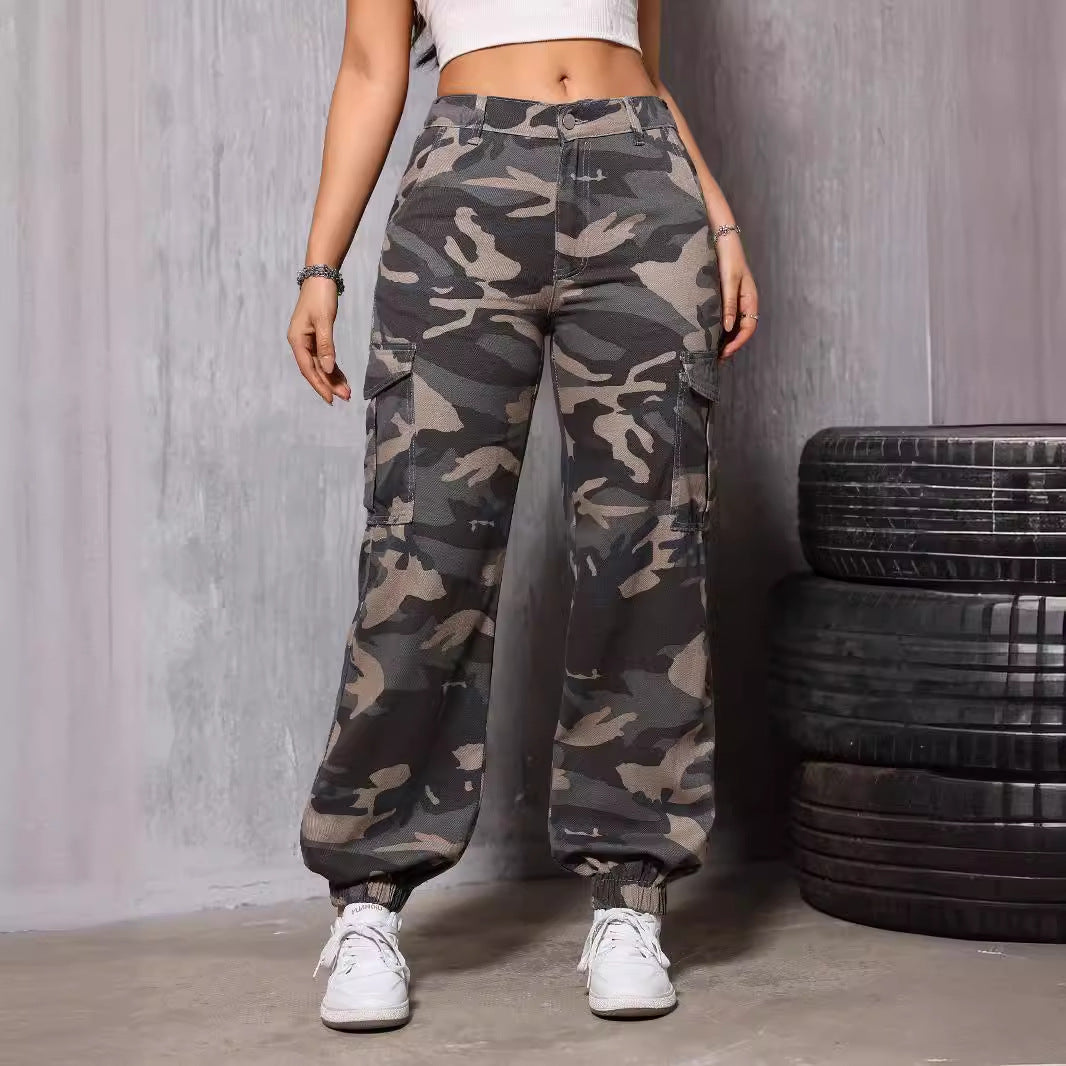 Camouflage Jeans Straight Bottom Elastic Band Retro All Matching Summer