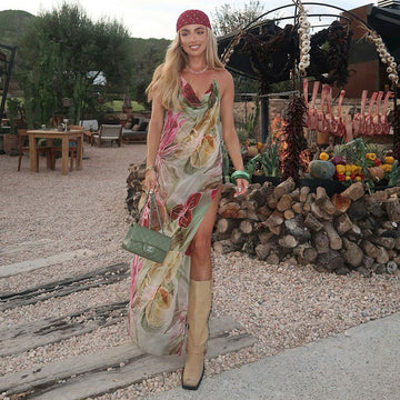 Green Floral Maxi Dress with Side Slit for Women - Fatima