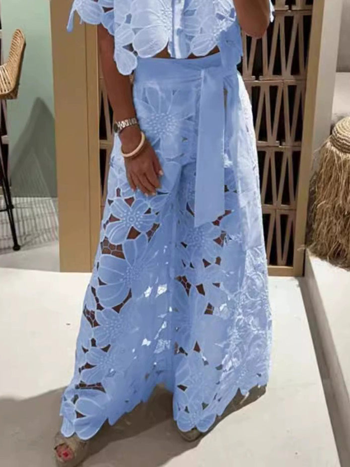 Floral Lace Two Piece Shirt and Pants Set for Women - Giacinta
